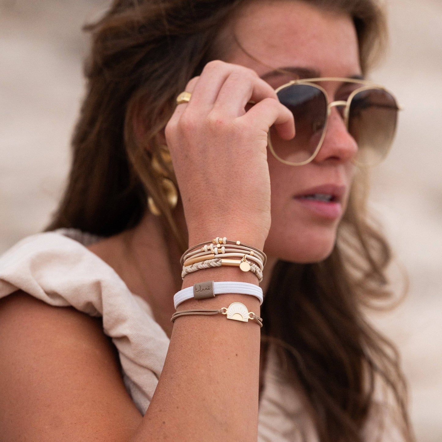 K'lani "Rise" Cream and Tan With Gold and Sun Accents Hair Tie Bracelets