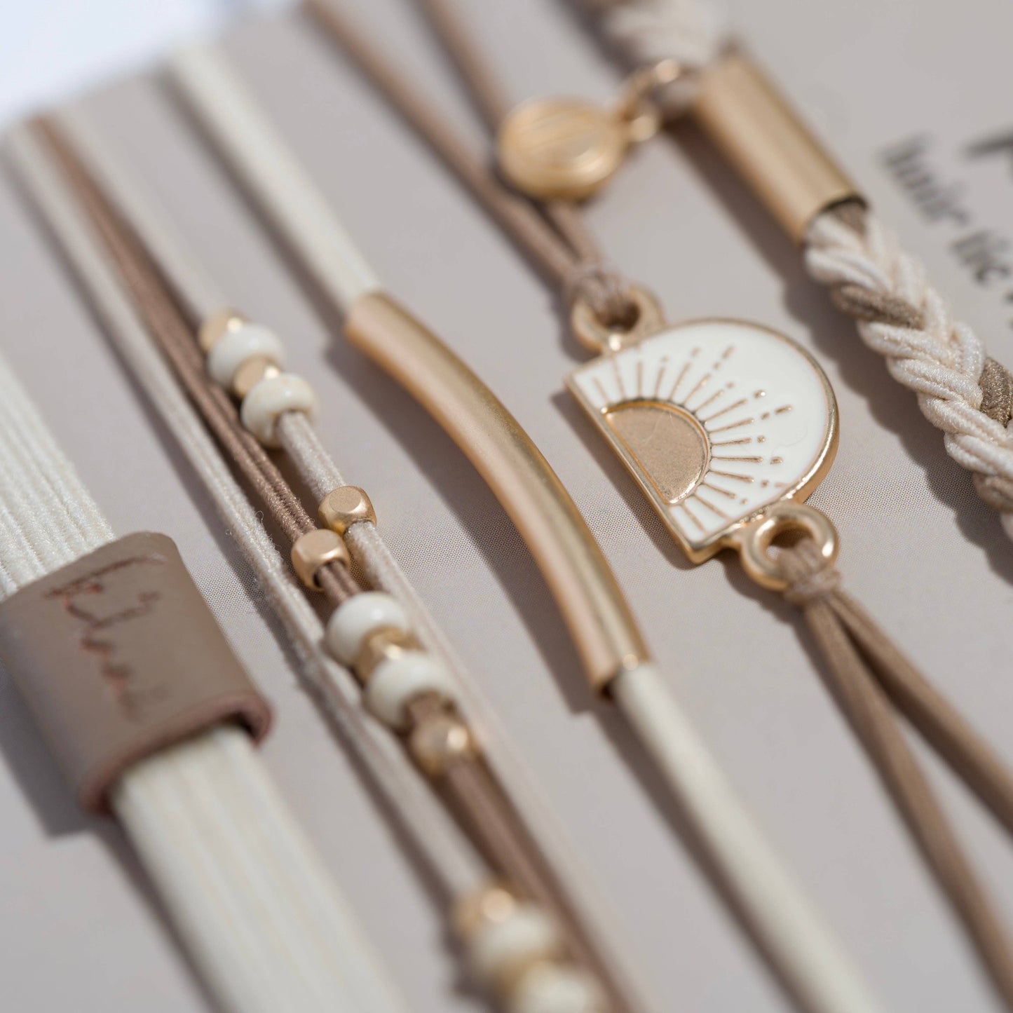 K'lani "Rise" Cream and Tan With Gold and Sun Accents Hair Tie Bracelets