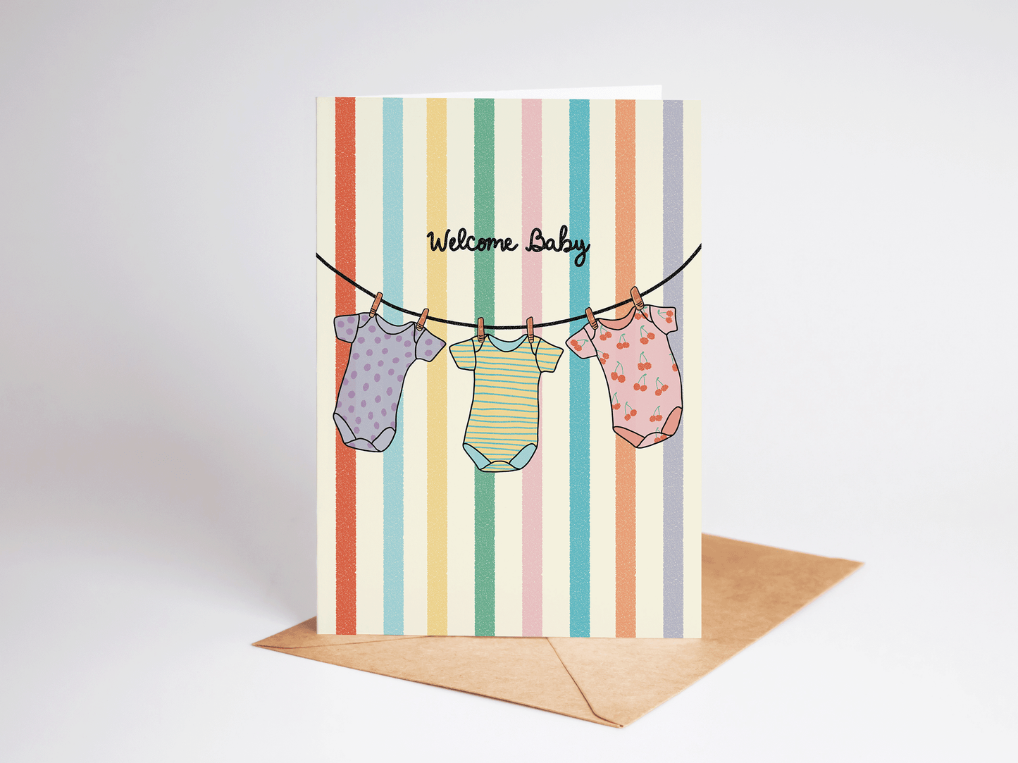 Welcome Baby Onesies Rainbow Striped New Baby Card
