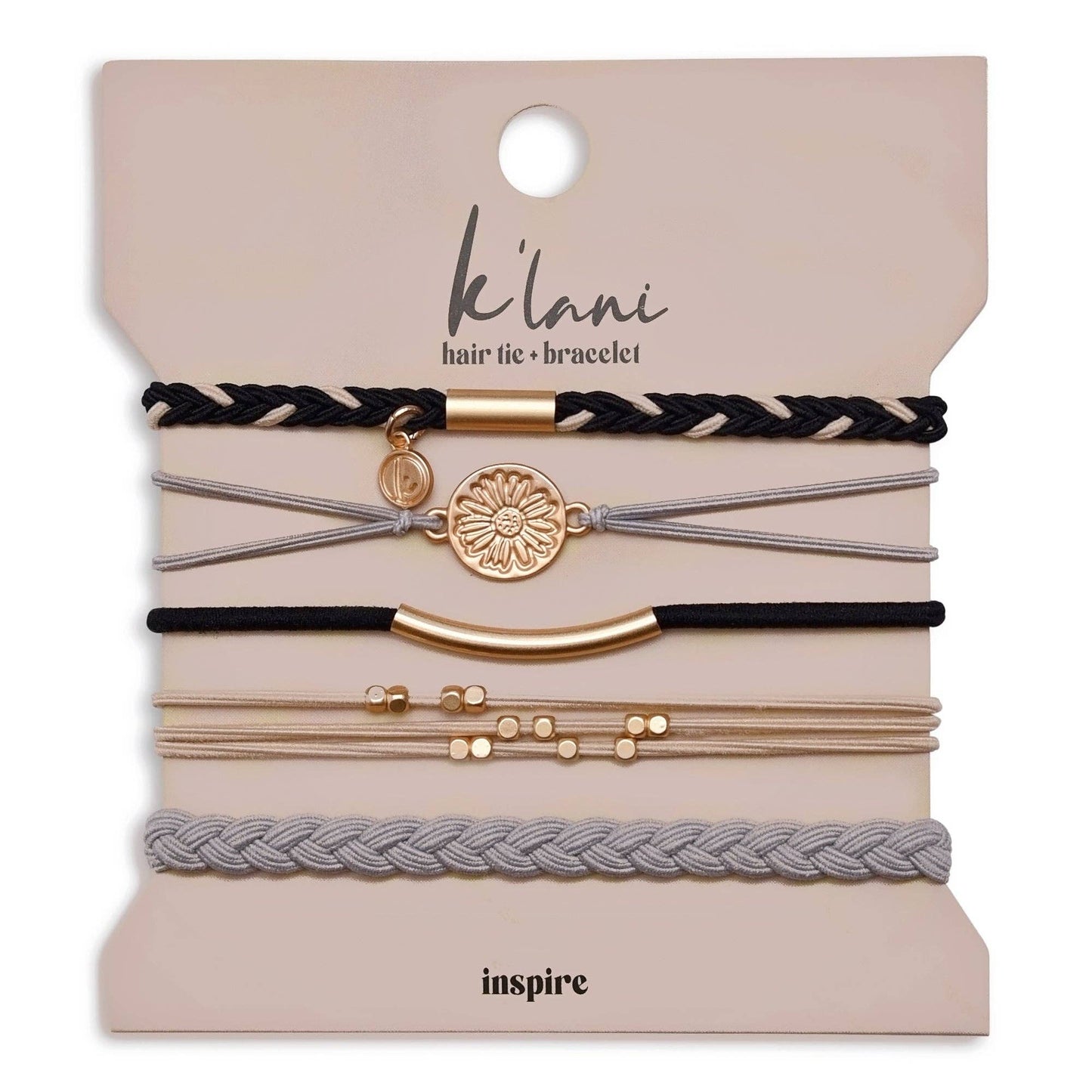 K'lani "Inspire" Grey and Black with Gold Flower Accent Hair Tie Bracelets