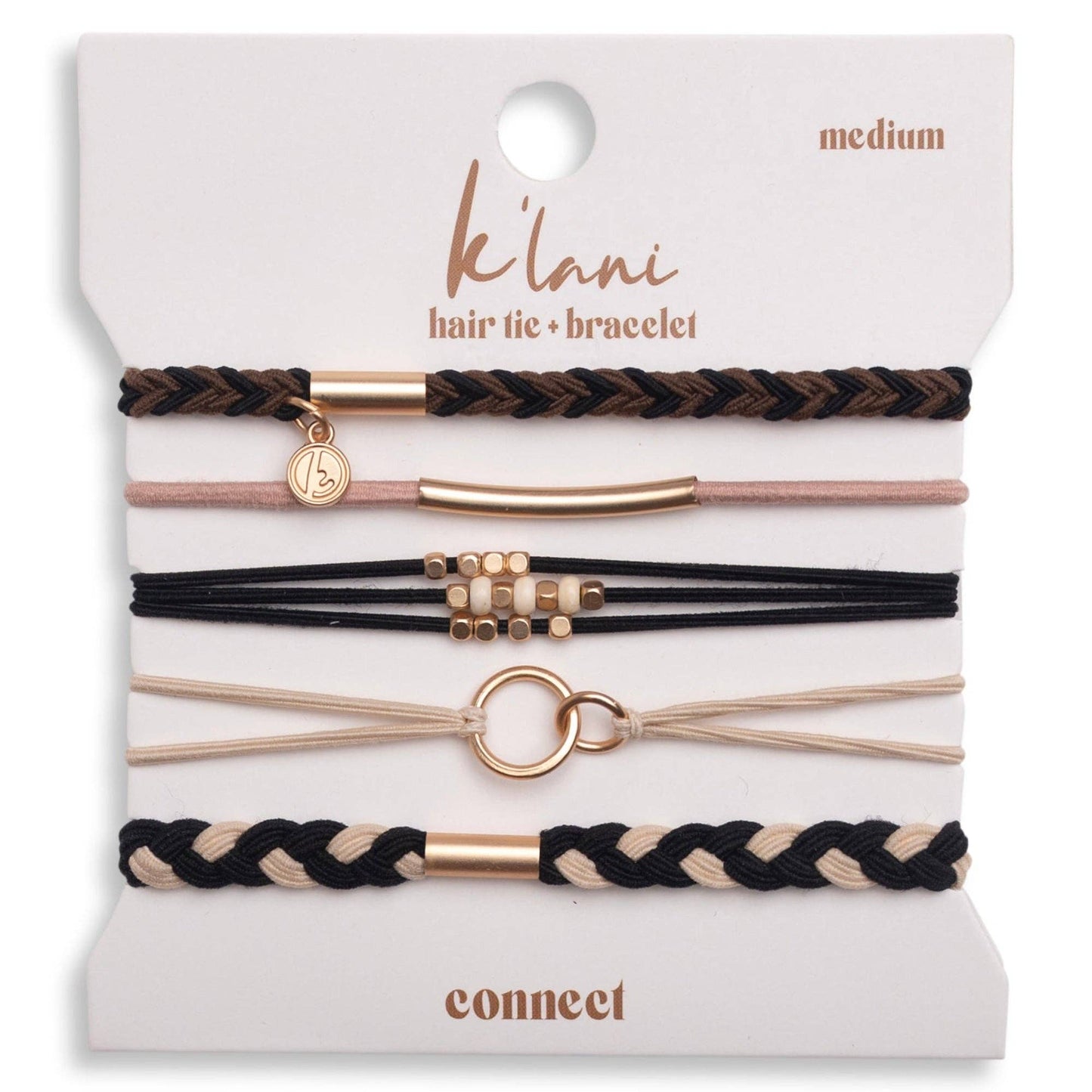 K'lani "Connect" Black and Cream with Gold Accent Hair Tie Bracelets