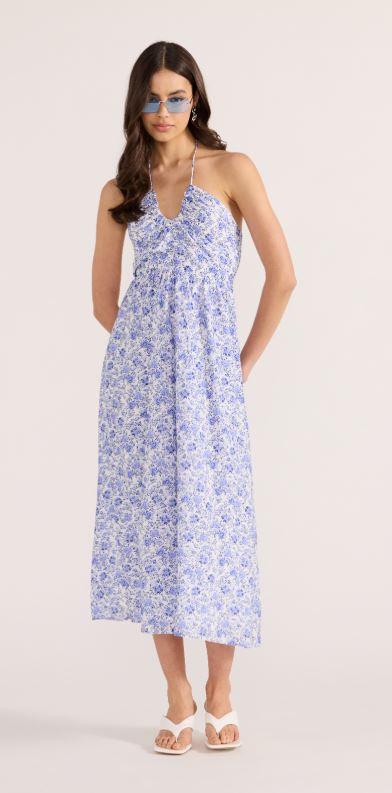 MINKPINK Evelyn Halter Midi Dress Blue Floral