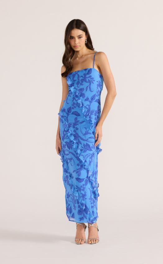 MINKPINK Jeanne Ruffle Maxi Dress Blue Floral M MINKPINK Jeanne Ruffle Maxi Dress Blue Floral M