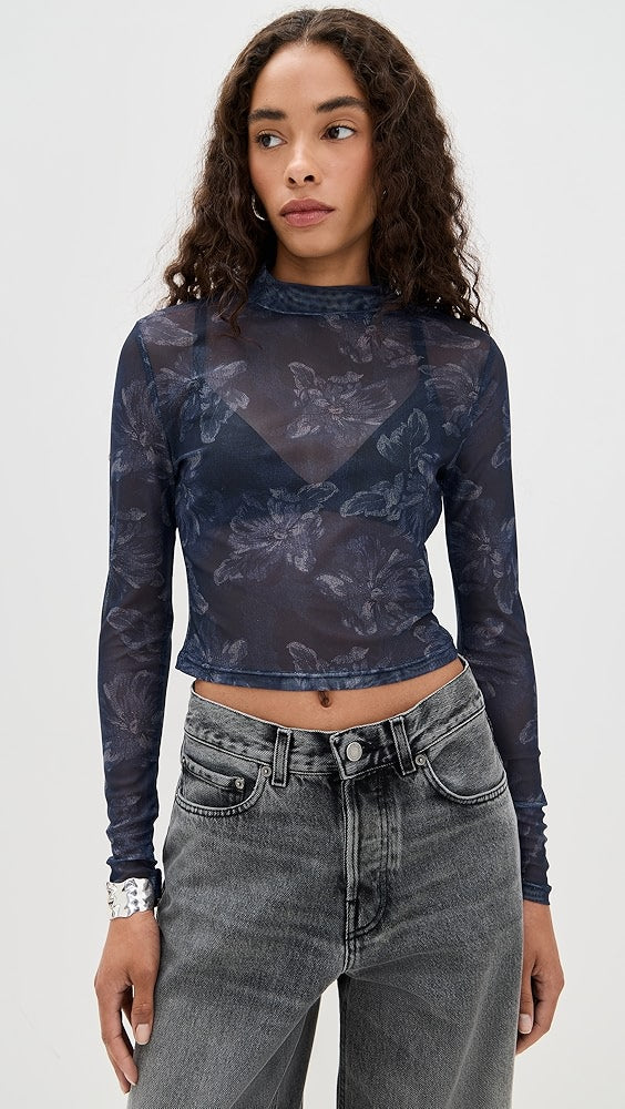 MINKPINK Iris Mesh Top Indigo Floral