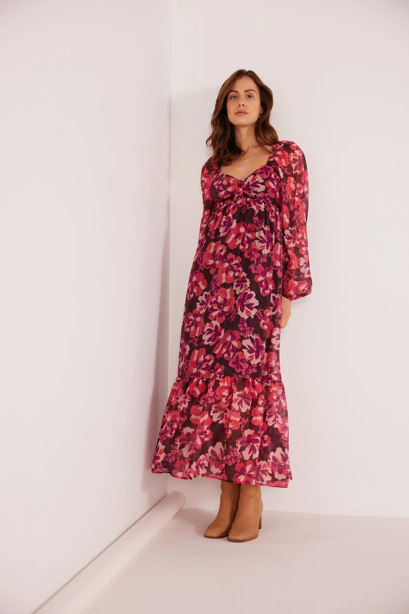 Mink Pink Savannah Babydoll Midi Dress Painterly-Blooms Extra small