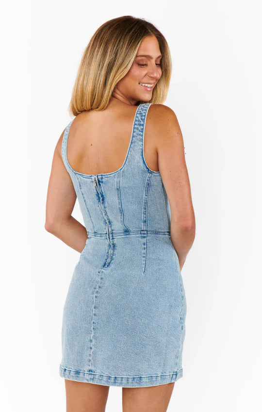 Load image into Gallery viewer, Show Me Your Mumu Denim Corset Mini Dress Misty Morning
