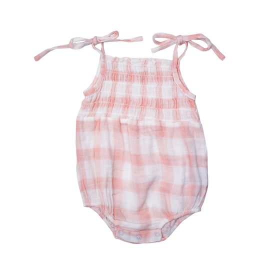 Painted Gingham Pink Tie Strap Smocked Bubble