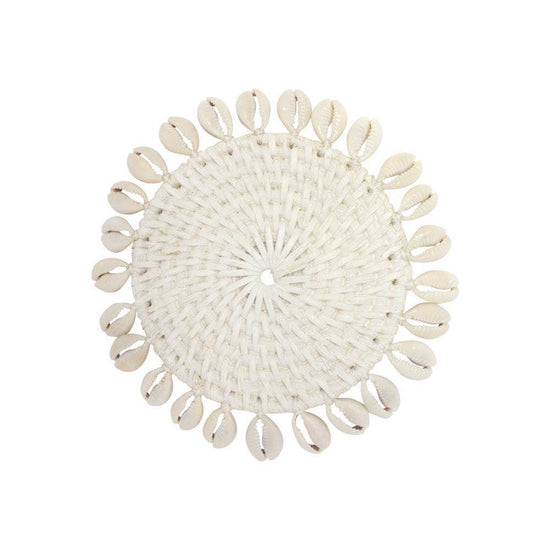 Load image into Gallery viewer, Rattan Coaster with Cowrie Shell - White Boho Straw Raffia
